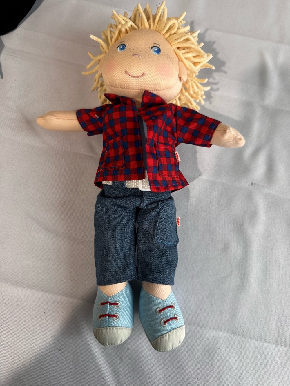 Plush Boy Doll with Red Plaid Shirt and Light Blue Shoes